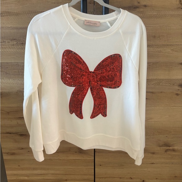 Philosophy Women’s White Red Sequin Bow Long Sleeve Sweater Size L - Picture 2 of 4